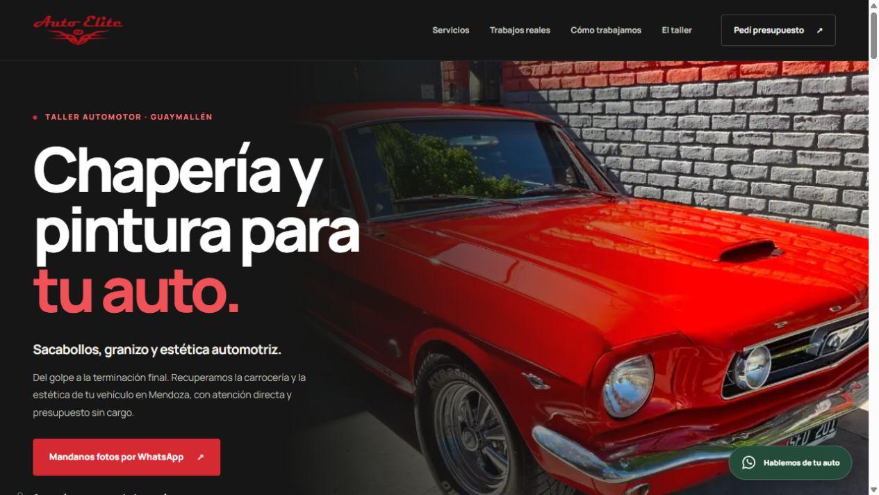 Landing publicada de Auto Elite Mendoza: presentación de chapería y pintura junto a un Ford Mustang rojo